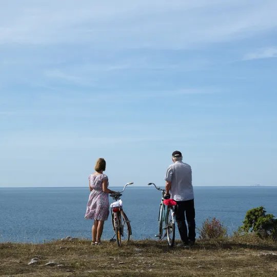 Ett par som står med cyklar och tittar på utsikten över havet