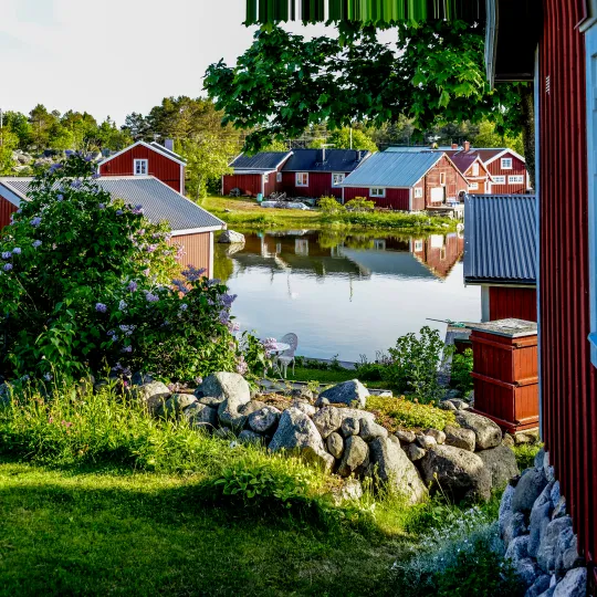 Röda stugor vid vattnet i Kuggören