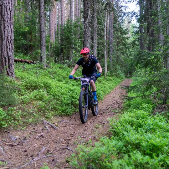 MBT-cyklist på stig i skog