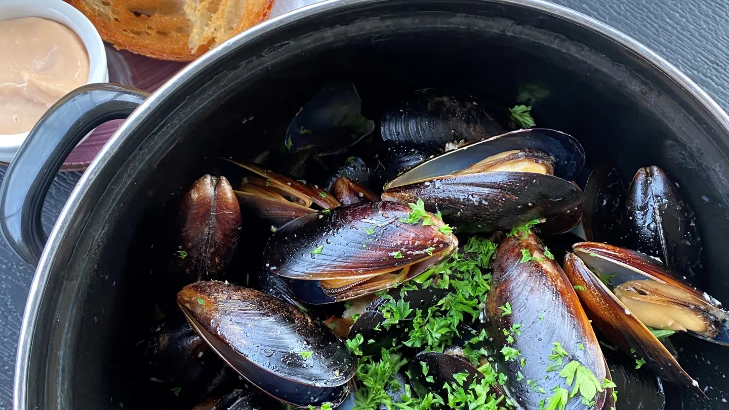 Vinkokta musslor med pommes och bröd